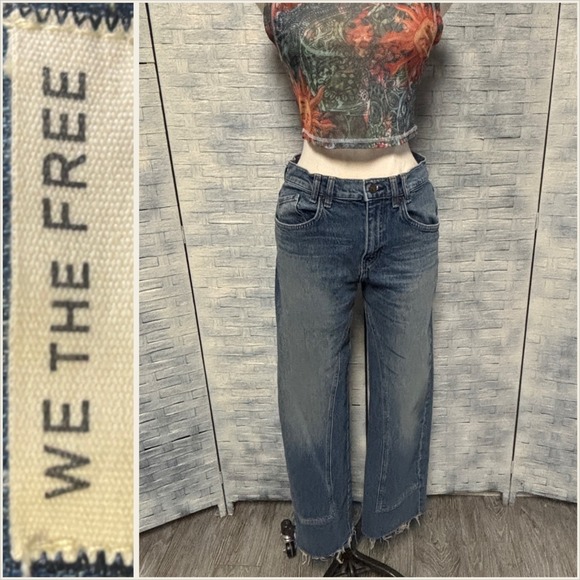 Free People We The Free 28 Risk Taker Jeans Blue High Rise Straight Raw Hem Boho - Picture 1 of 10